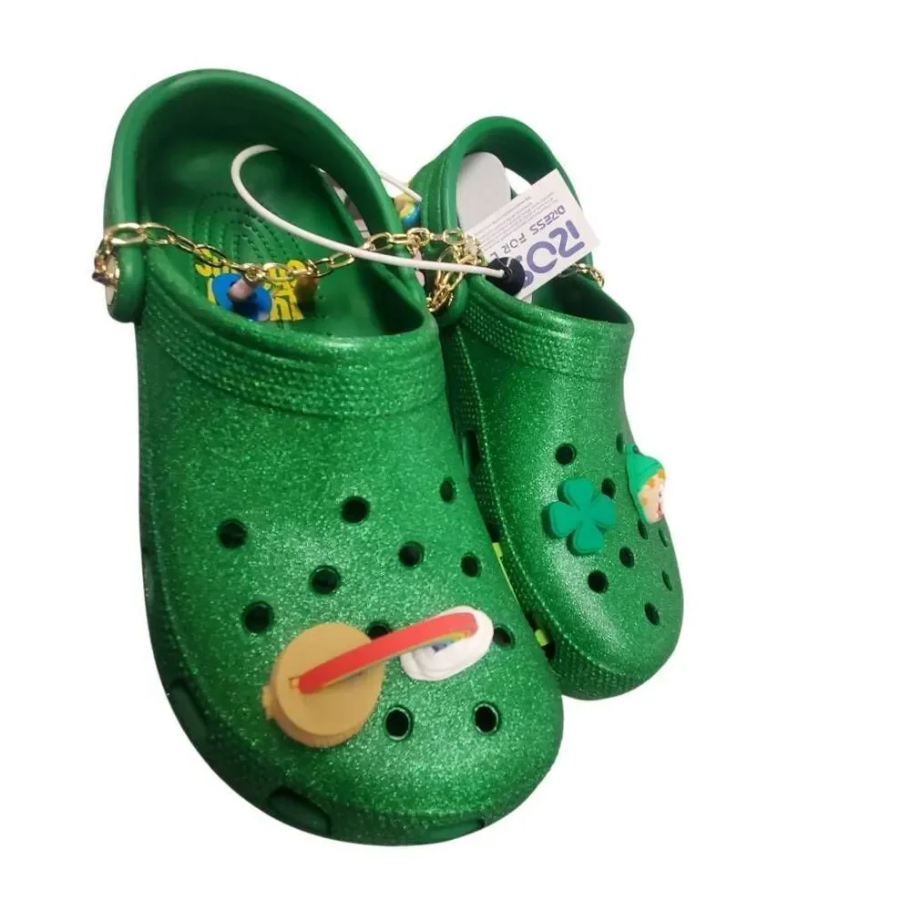 CROCS Lucky Charms Glitter Green With Tons Of Jibbitz BRAND NEW!  Size W 10, M 1